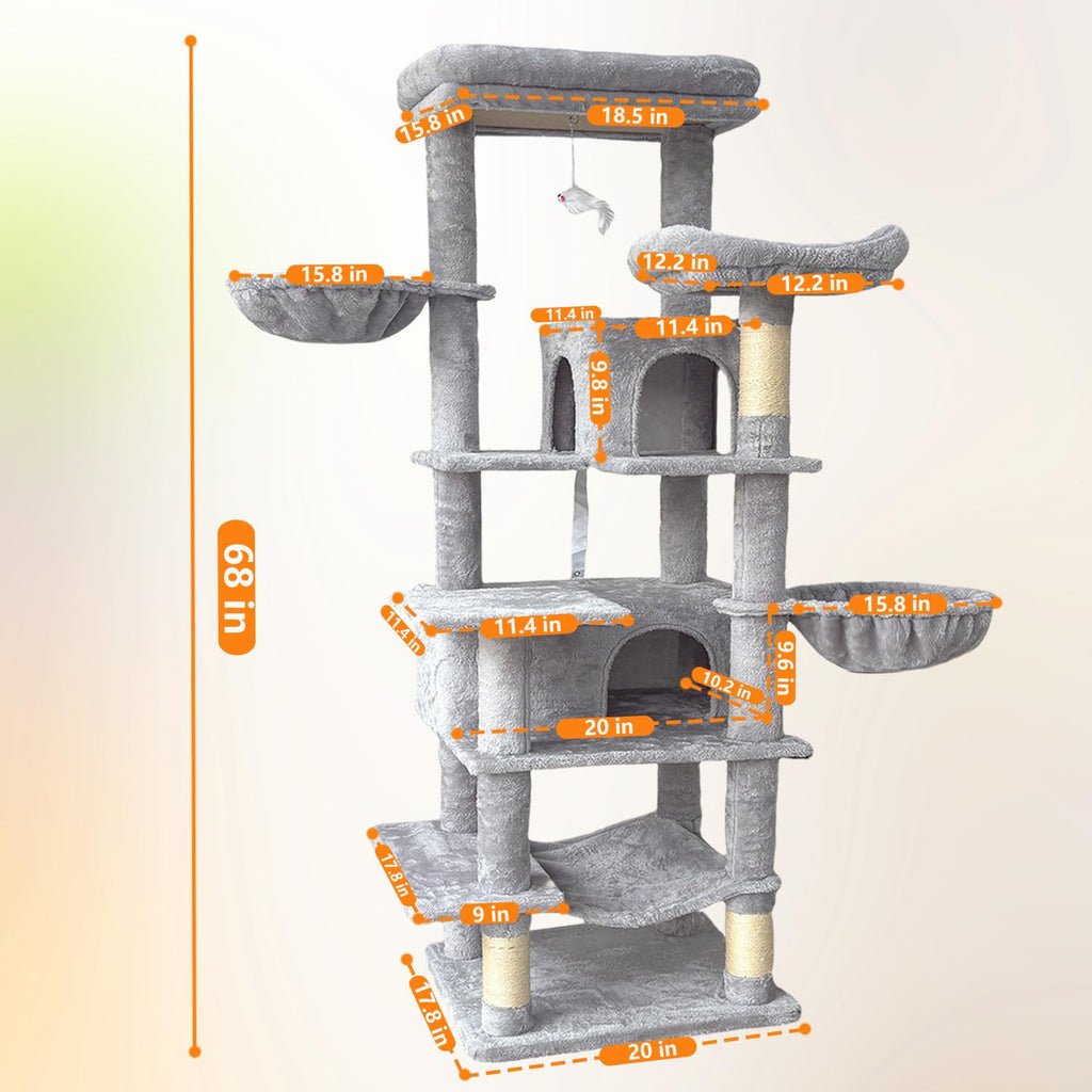 68 Inches Tall Multi-Level Cat Tree with Hammock and Light Gray K381885