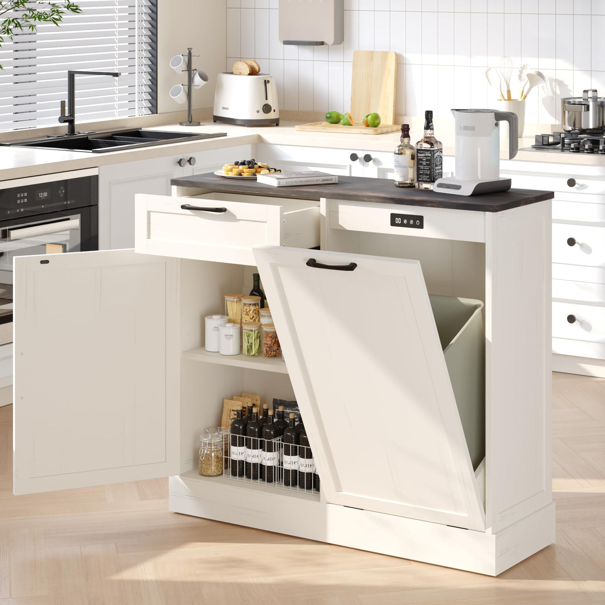 Off-White Tilt Out Trash Can Cabinet D8074