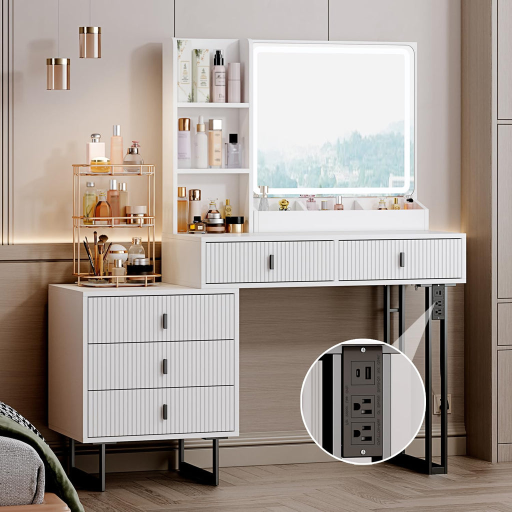 White Vanity Desk with Mirror and 5 Sliding Drawers S31428
