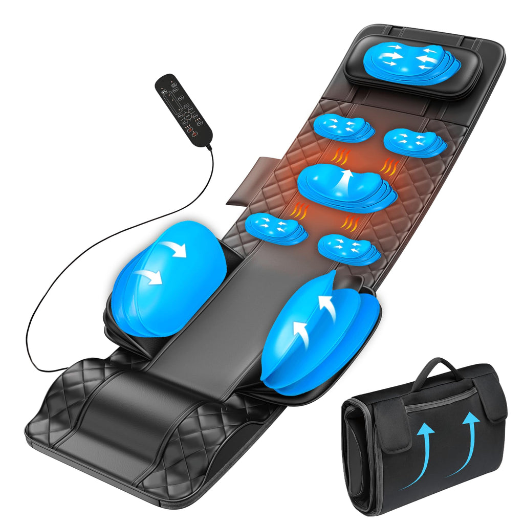 Full Body Massage Mat with Heat, 3D Stretching Back Massager Pad, 4 Modes 3 Intensities 3 Heat Levels, Portable Foldable PU Leather C504