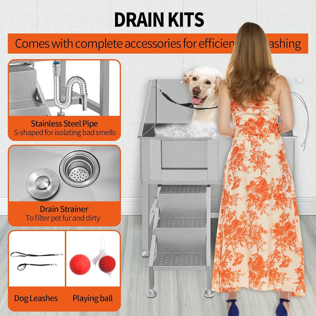 38" Stainless Steel Dog Grooming Tub with Anti-Slip Stairs N622