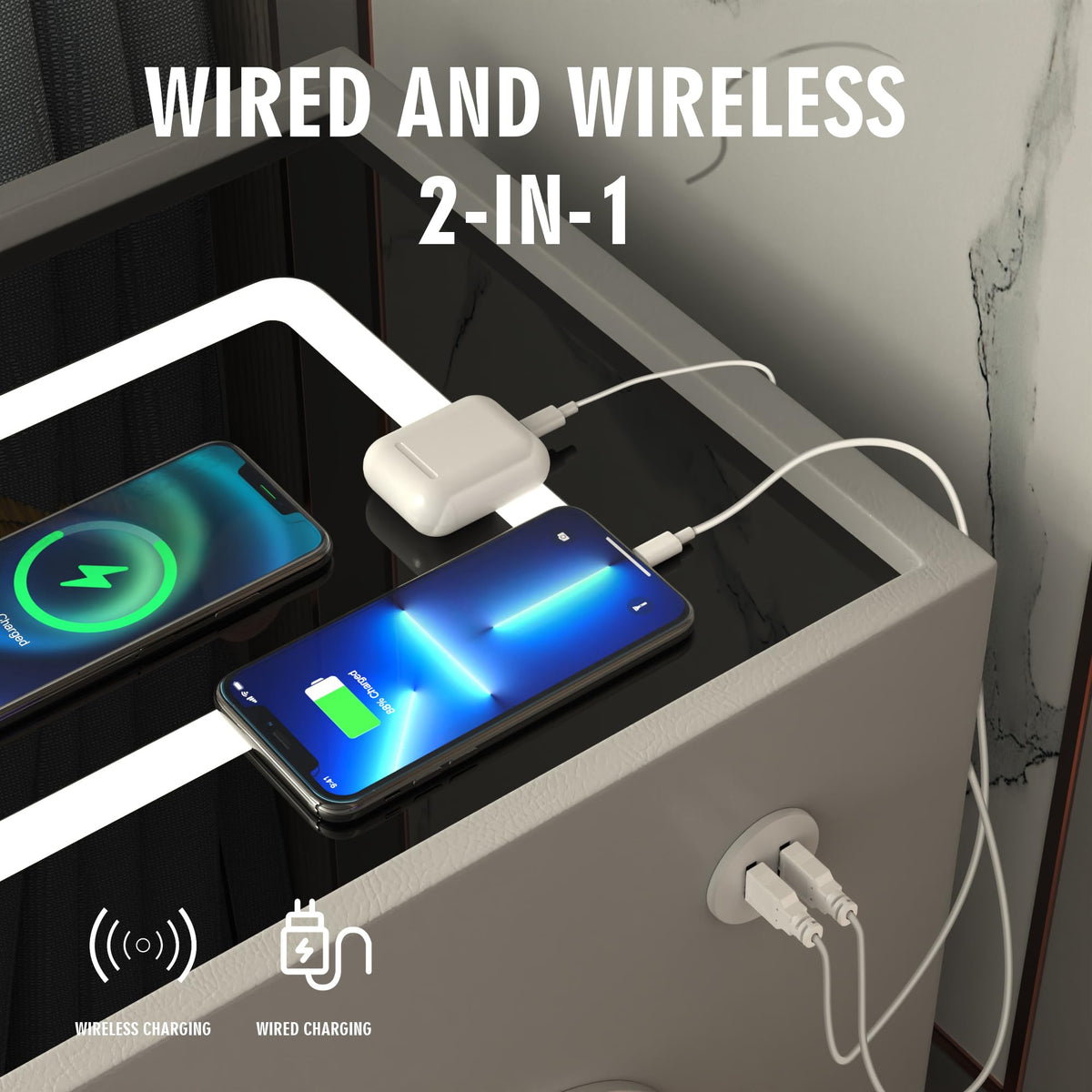 Grey 2 Drawer Nightstand with Wireless Charging Station I402