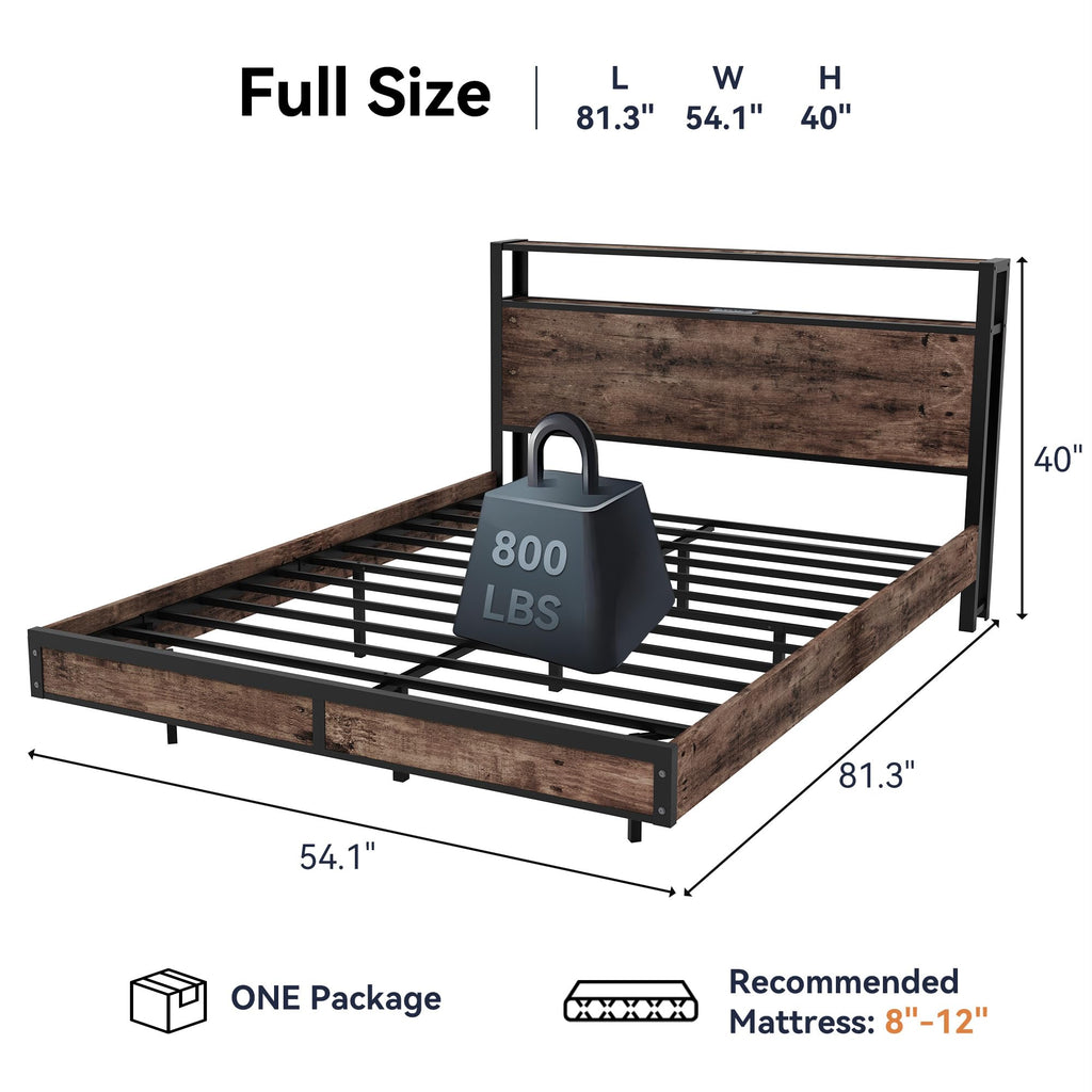 Full Size Metal Bed Frame with Storage Headboard and LED Lights K8912