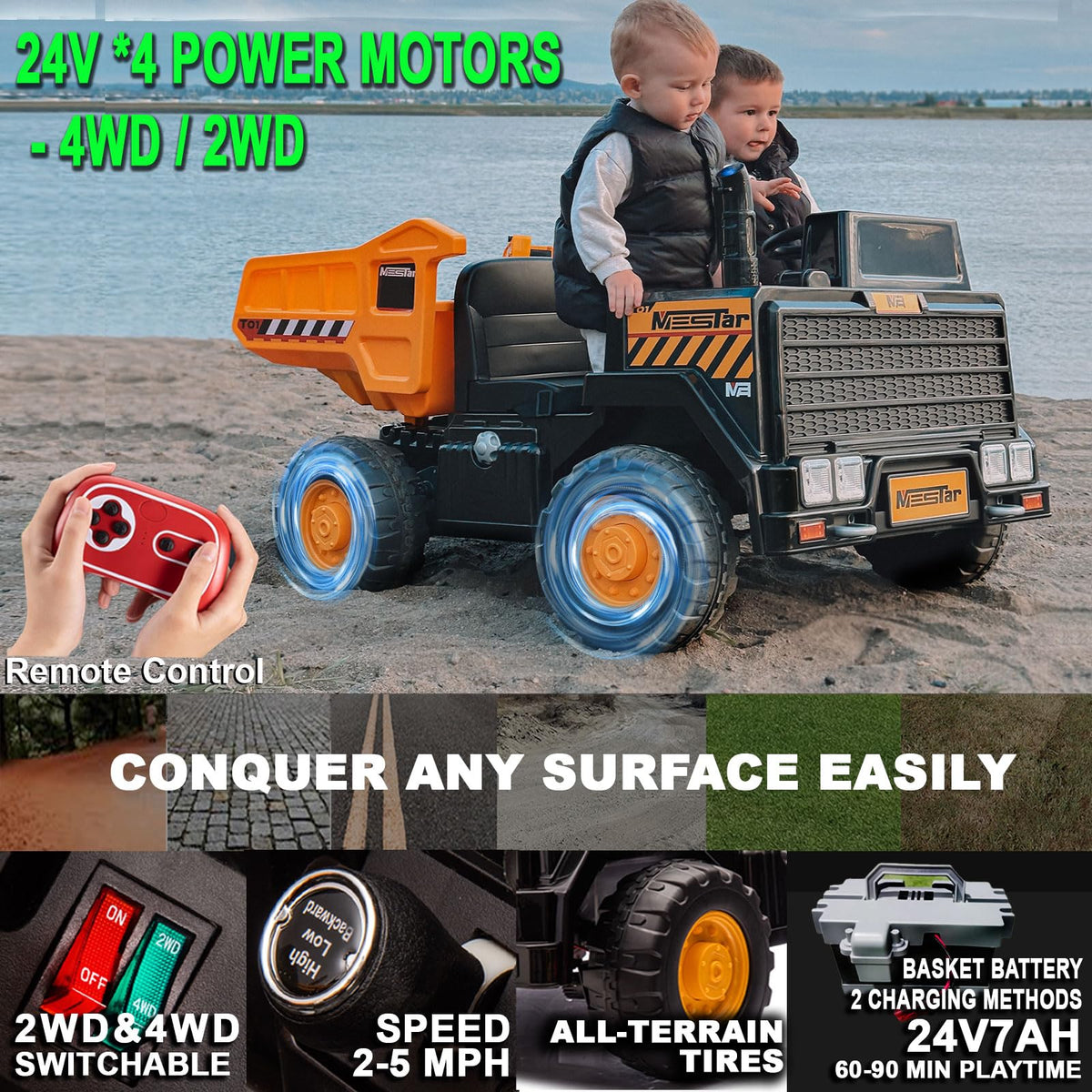 24V Ride On Dump Truck, 2-Seater Kids Electric Car, Yellow W4641