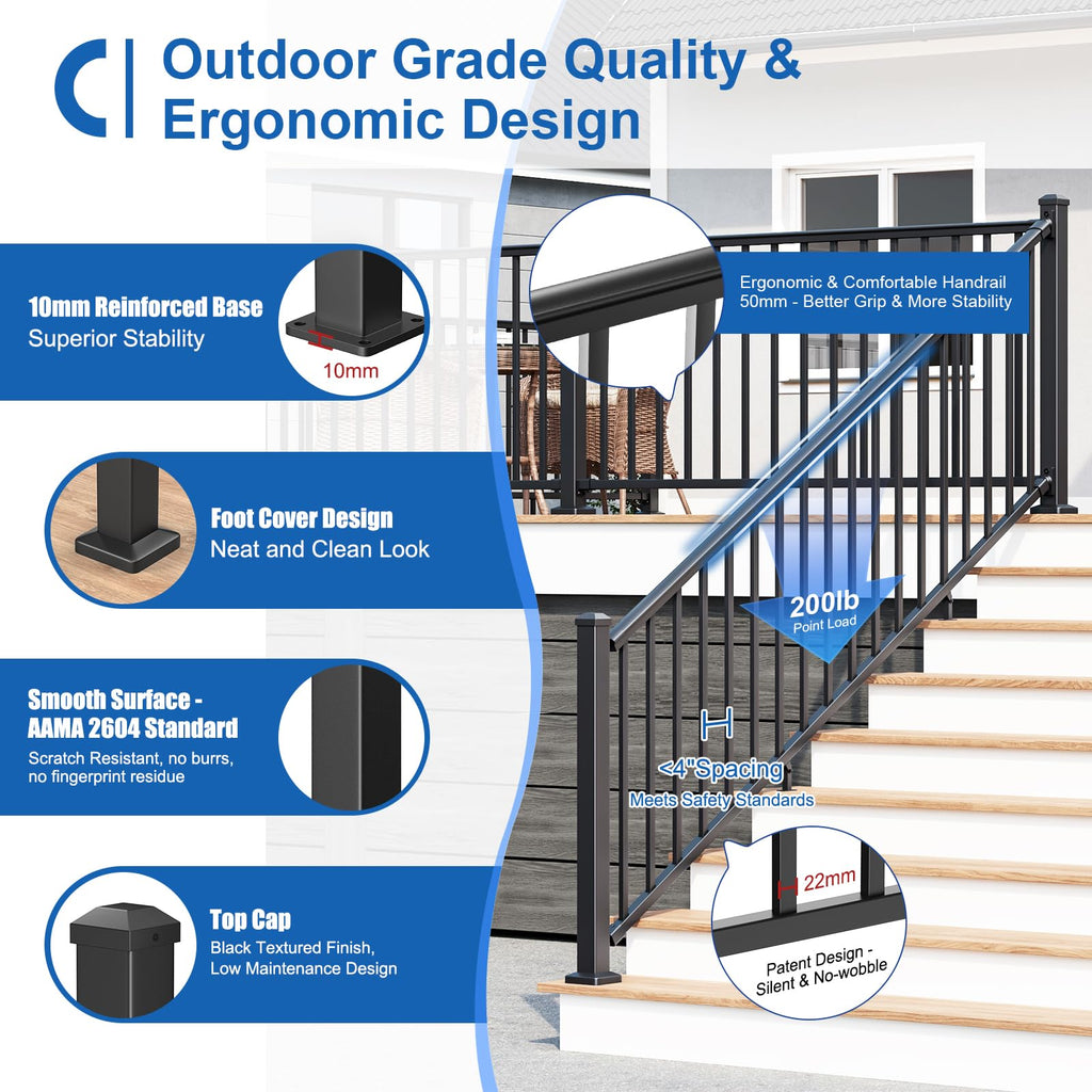 1 Pack 36 in. H x 6 ft. W Aluminum Stair Railing Kit with Post J609