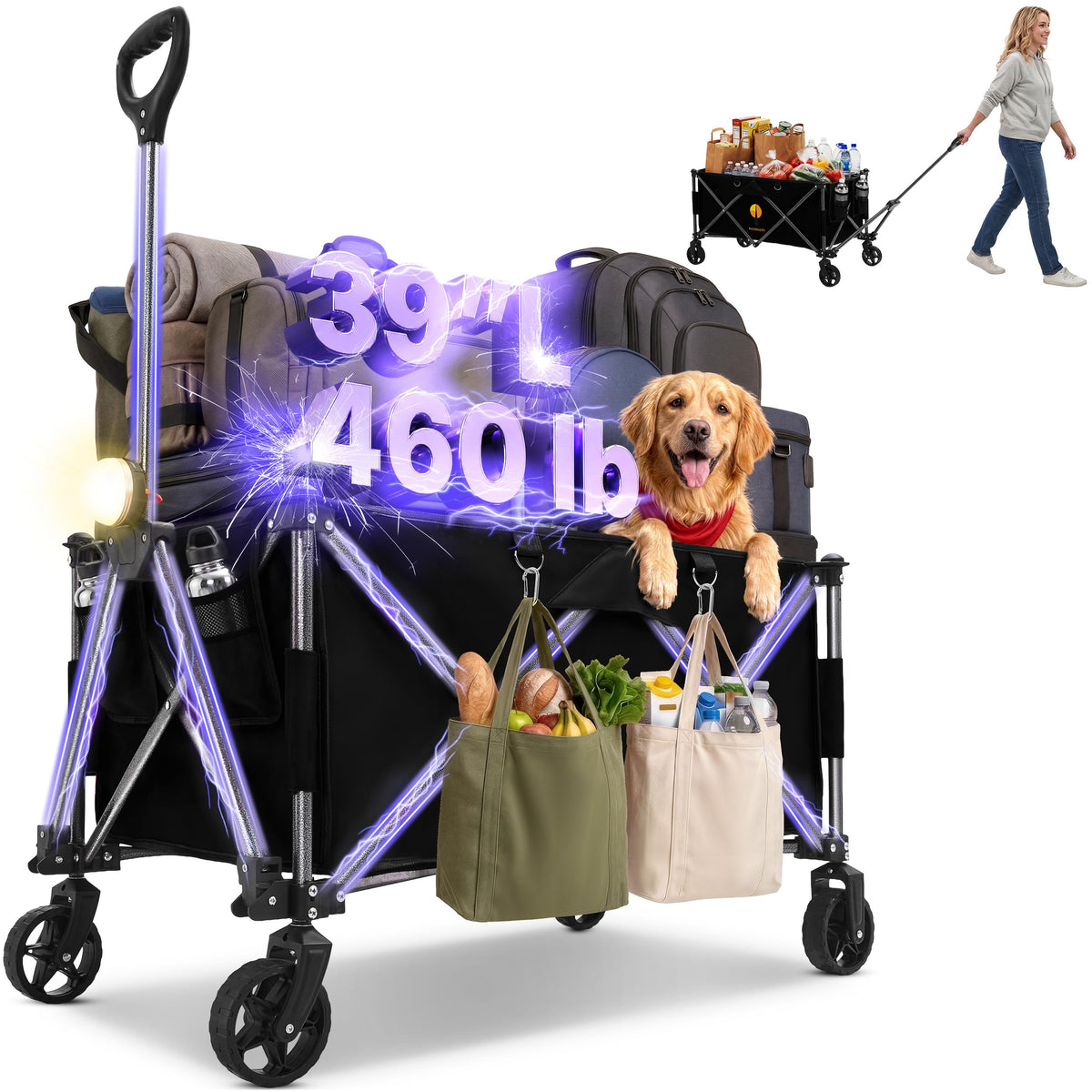 39" Collapsible Wagon with All-Terrain Wheels, 460 lbs Foldable Cart, Black H7899