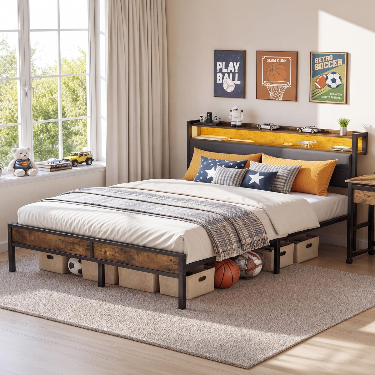 Full Bed Frame with LED Light Storage Headboard and Charging Station J109