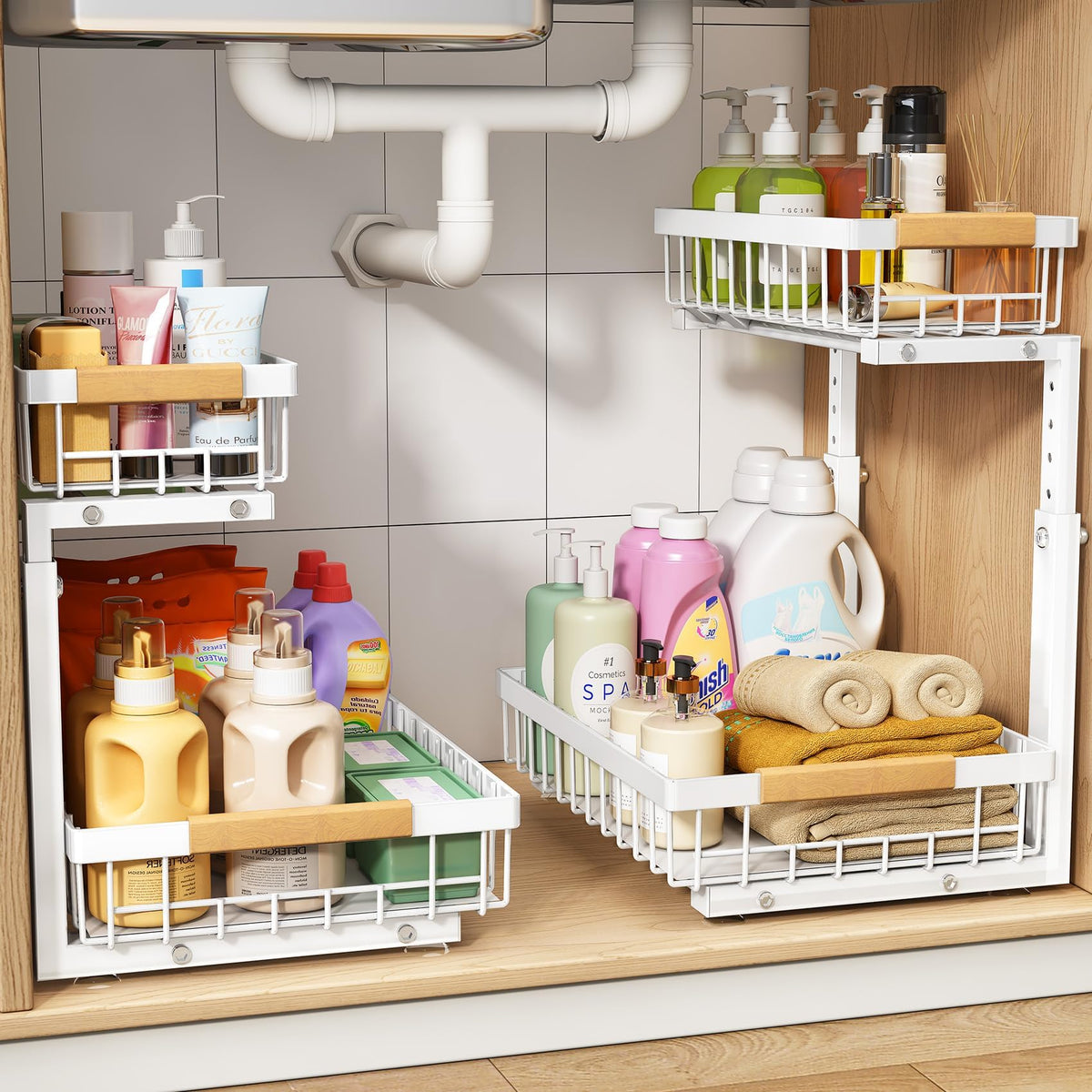 Adjustable 2 Tier Pull Out Under Sink Organizer, White, 2 Pack Q2276