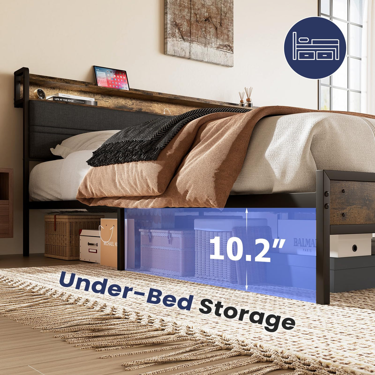 Full Bed Frame with LED Light Storage Headboard and Charging Station J109