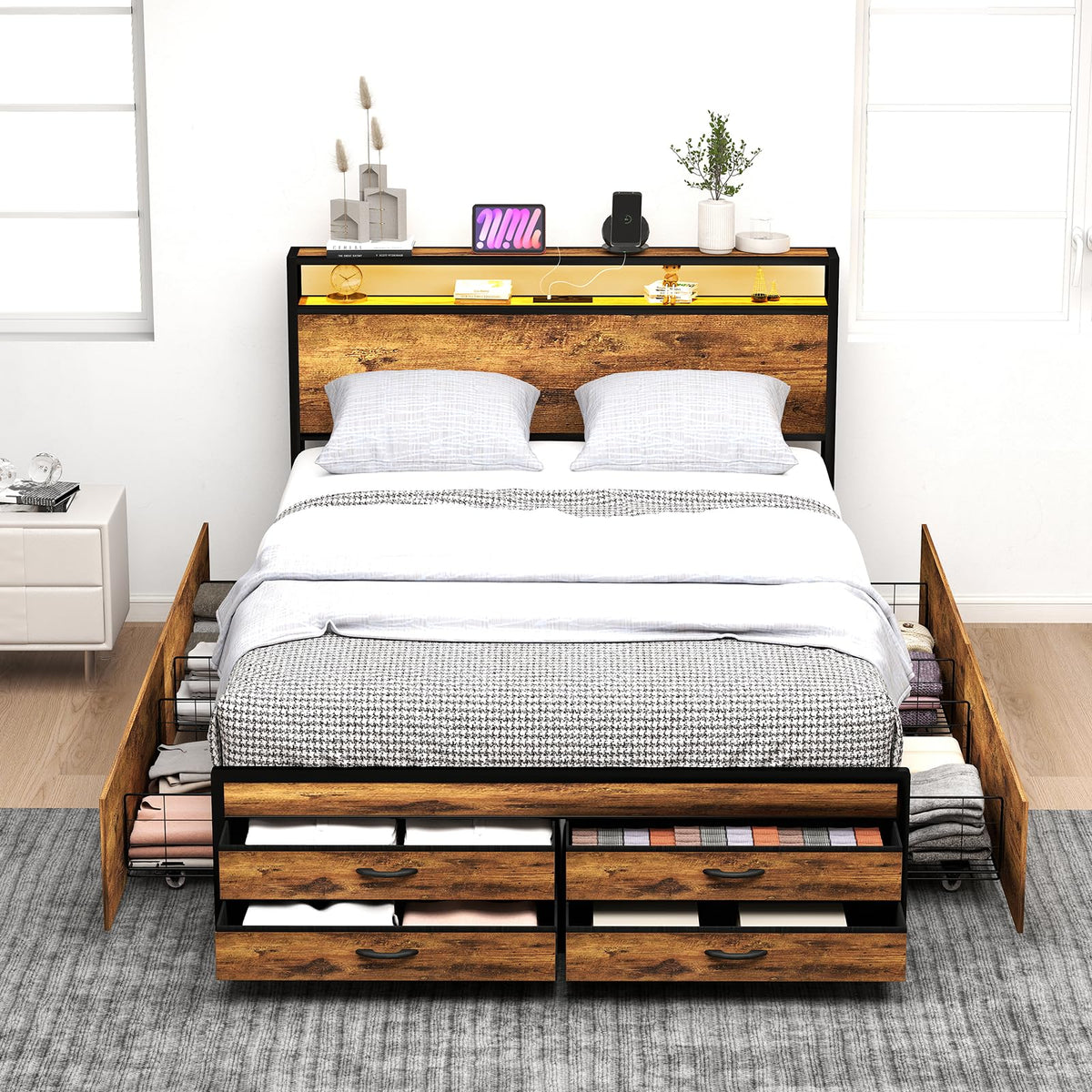 Queen Size Bed Frame with Headboard & 8 Storage Drawers V26299