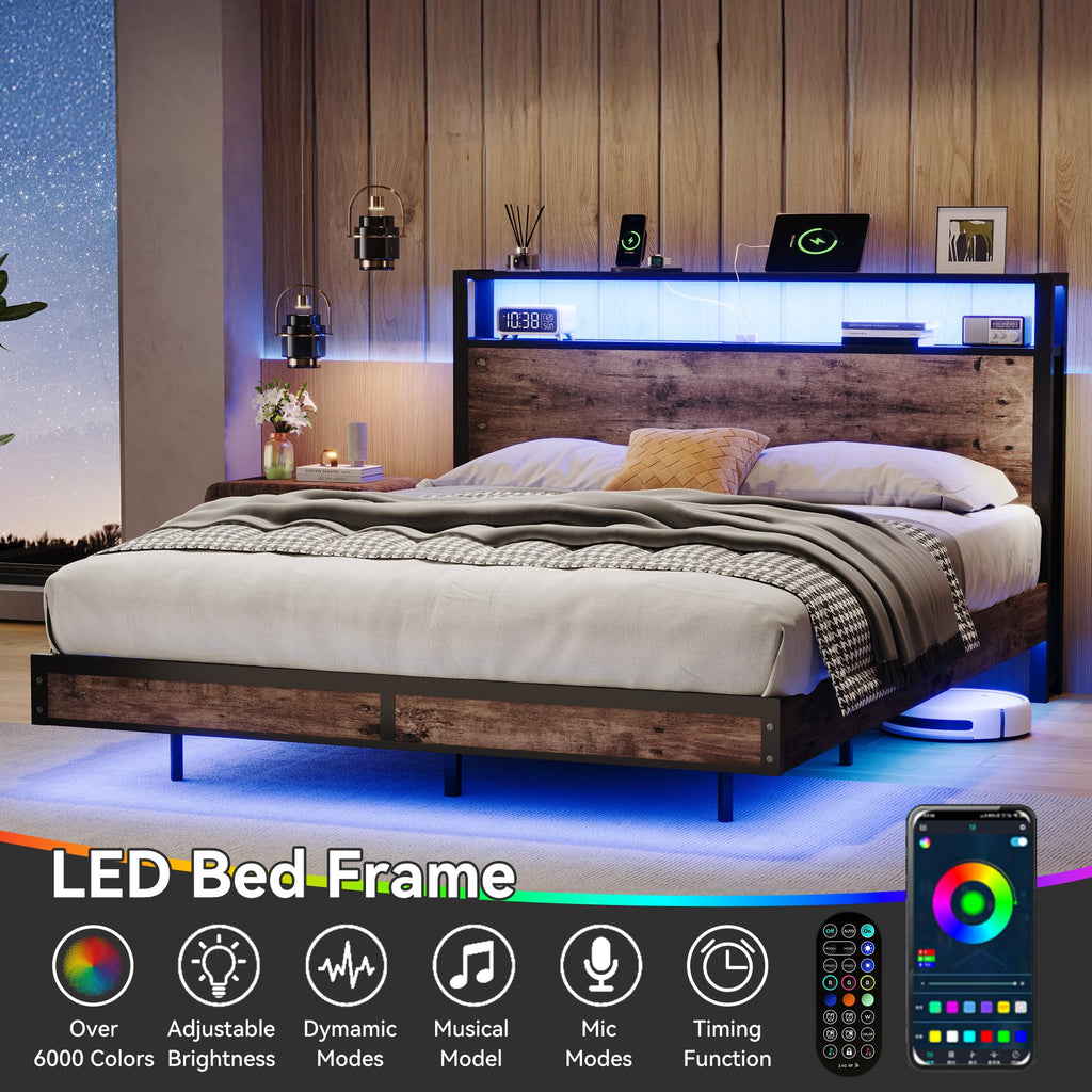 Full Size Metal Bed Frame with Storage Headboard and LED Lights K8912