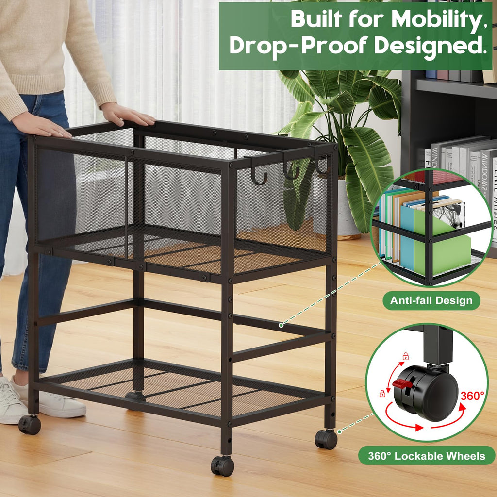 Black 2-Tier Rolling Metal File Cart with Storage Shelf H992343