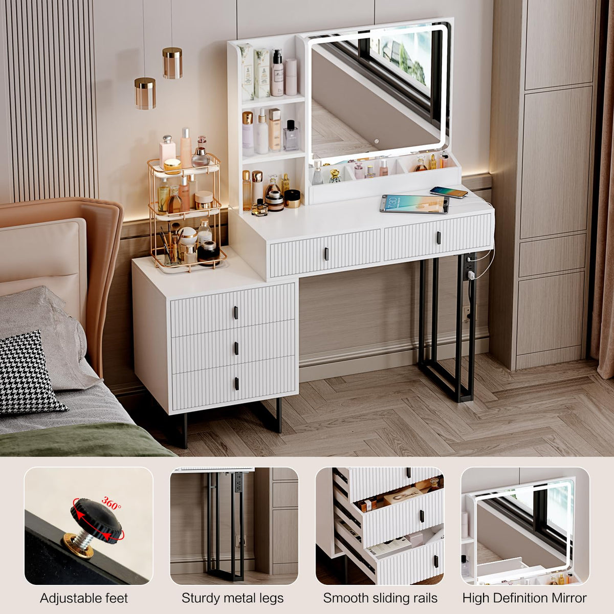 White Vanity Desk with Mirror and 5 Sliding Drawers S31428
