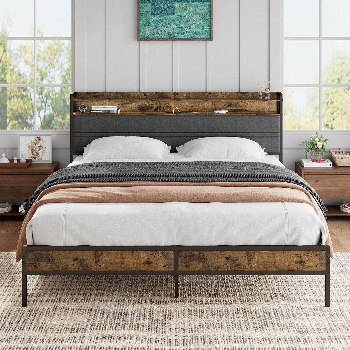 Full Bed Frame with LED Light Storage Headboard and Charging Station J109