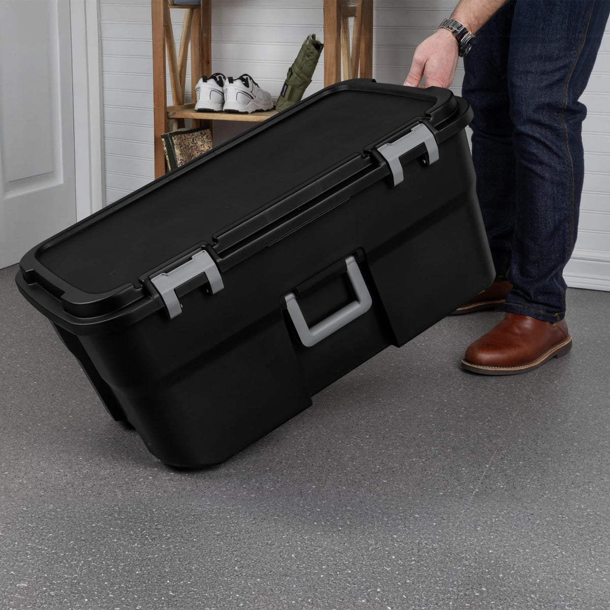 22 Gallon Black Wheeled Plastic Storage Trunk with Latching Lid Q33320