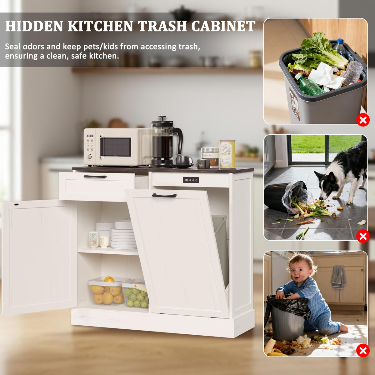Off-White Tilt Out Trash Can Cabinet D8074