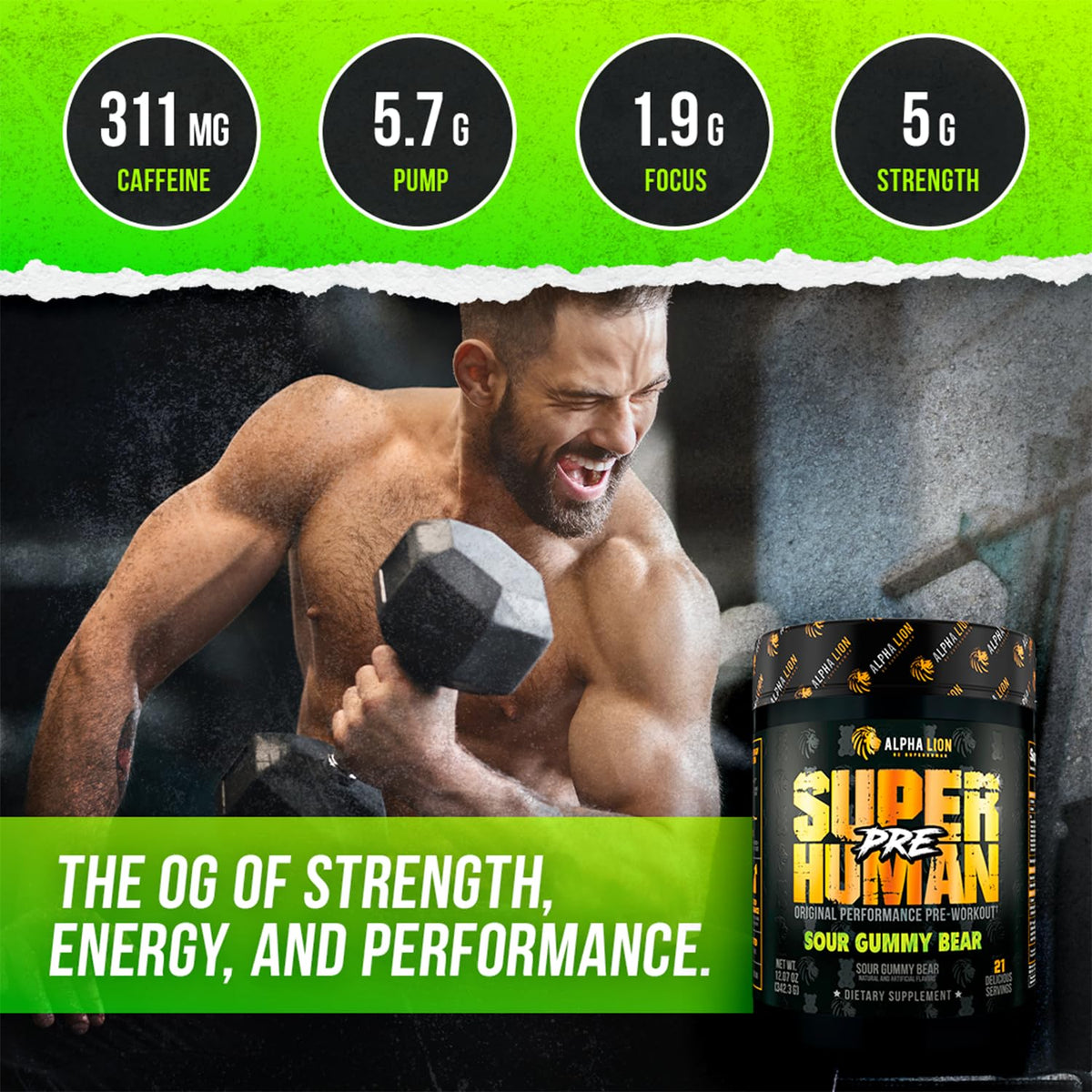 Pre Workout Powder with Beta Alanine, L-Taurine & Caffeine, 21 Servings Sour Gummy Bear D24934