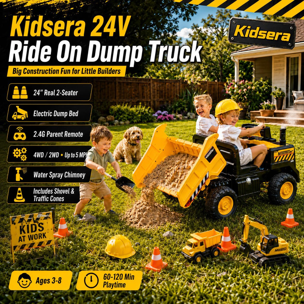 24V Ride On Dump Truck, 2-Seater Kids Electric Car, Yellow W4641