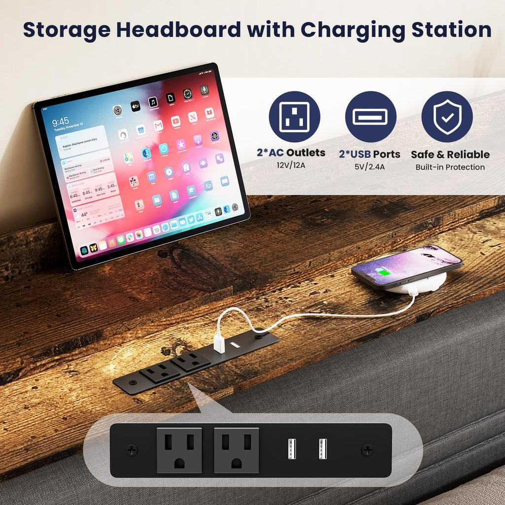 Full Bed Frame with LED Light Storage Headboard and Charging Station J109