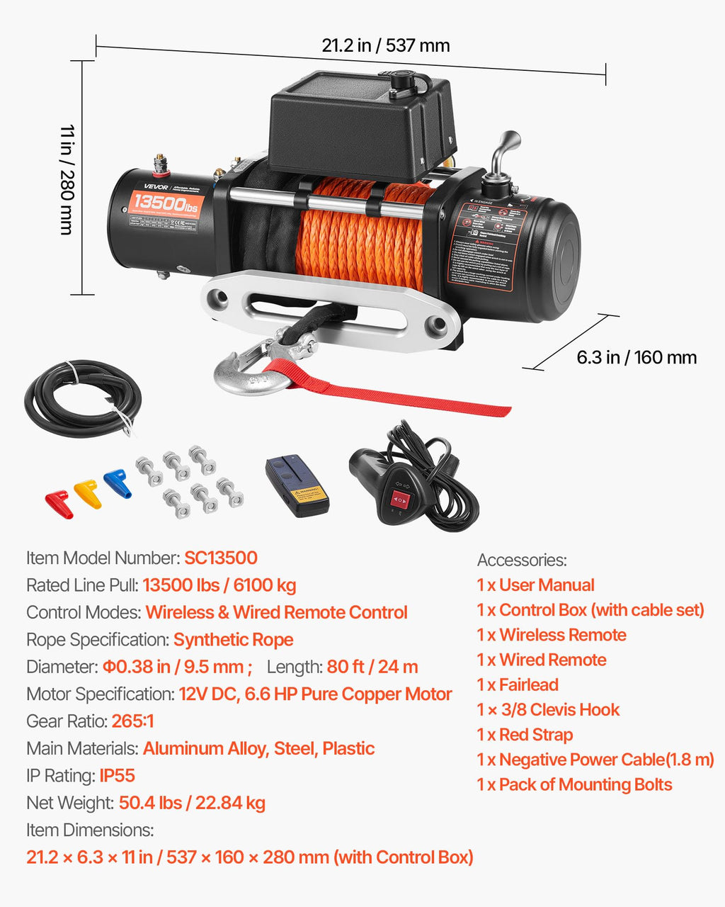 13,500 lb 12V DC Electric Truck Winch with Synthetic Rope U630440