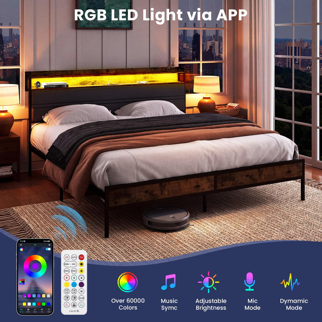Full Bed Frame with LED Light Storage Headboard and Charging Station J109