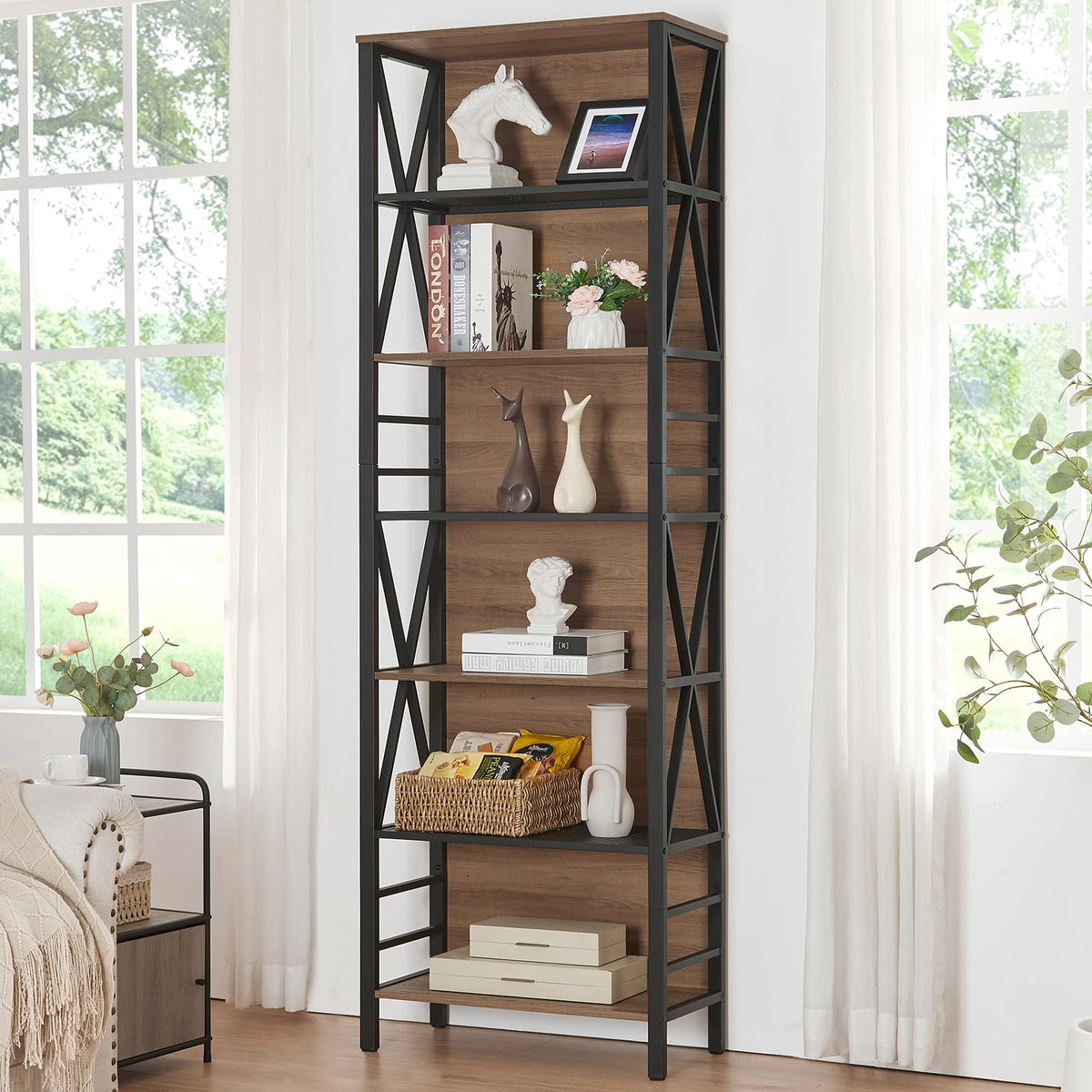 7-Tier Rustic Wood Metal Bookshelf C745