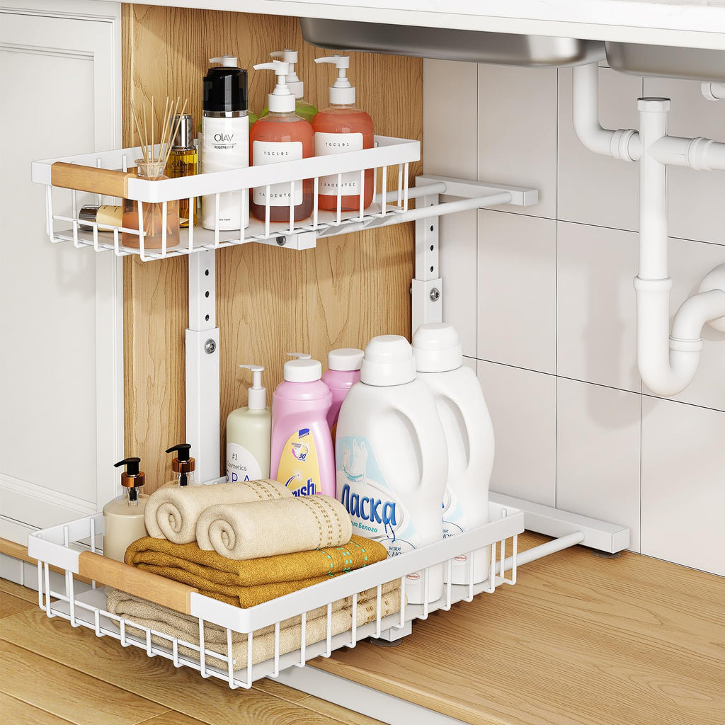 Adjustable 2 Tier Pull Out Under Sink Organizer, White, 2 Pack Q2276