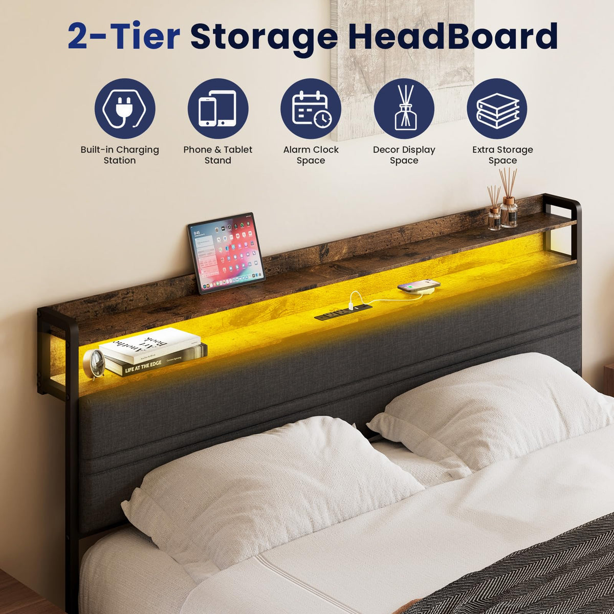 Full Bed Frame with LED Light Storage Headboard and Charging Station J109