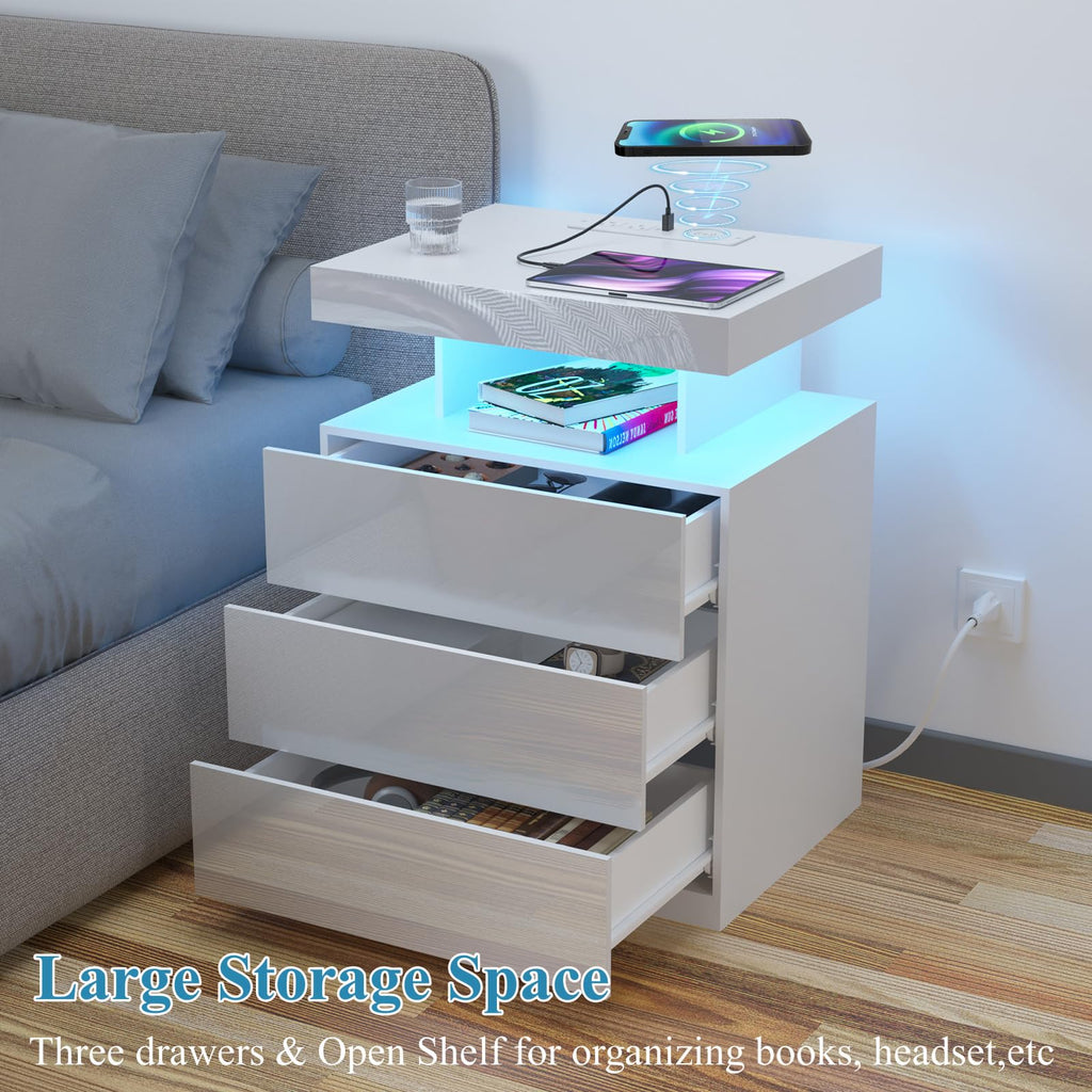 White 3 Drawer Nightstand with Charging Station and LED Light Q308