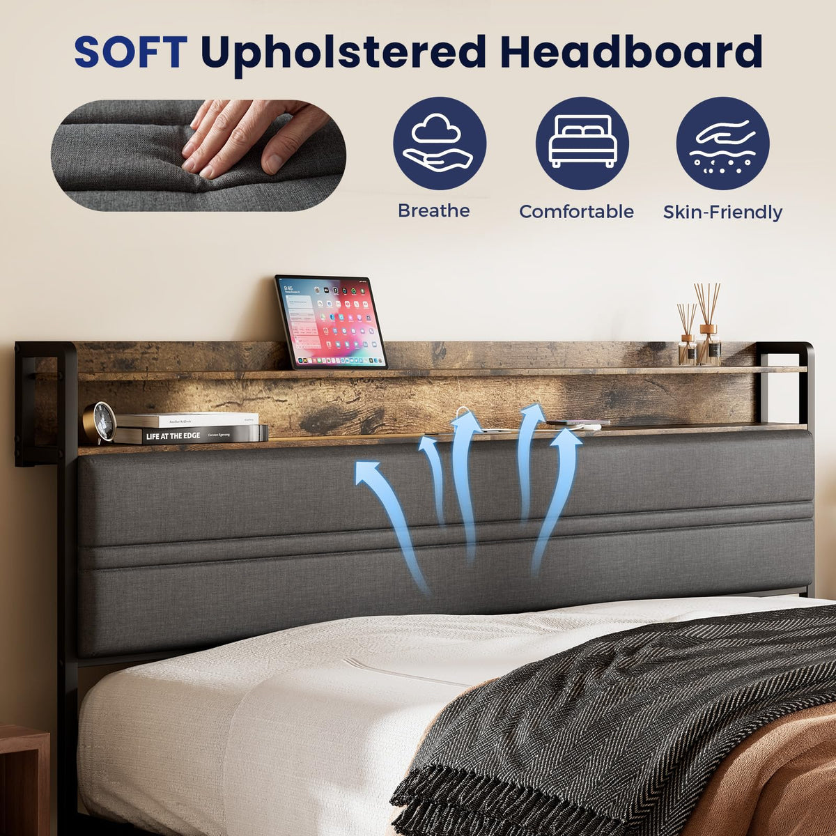Full Bed Frame with LED Light Storage Headboard and Charging Station J109