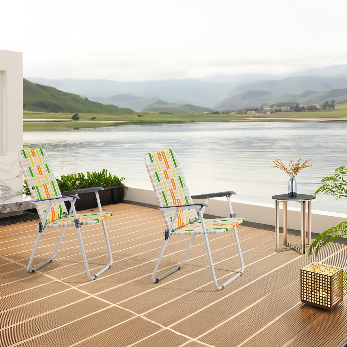 Set of 2 Webbed Folding Beach Chairs Yellow & Green G393
