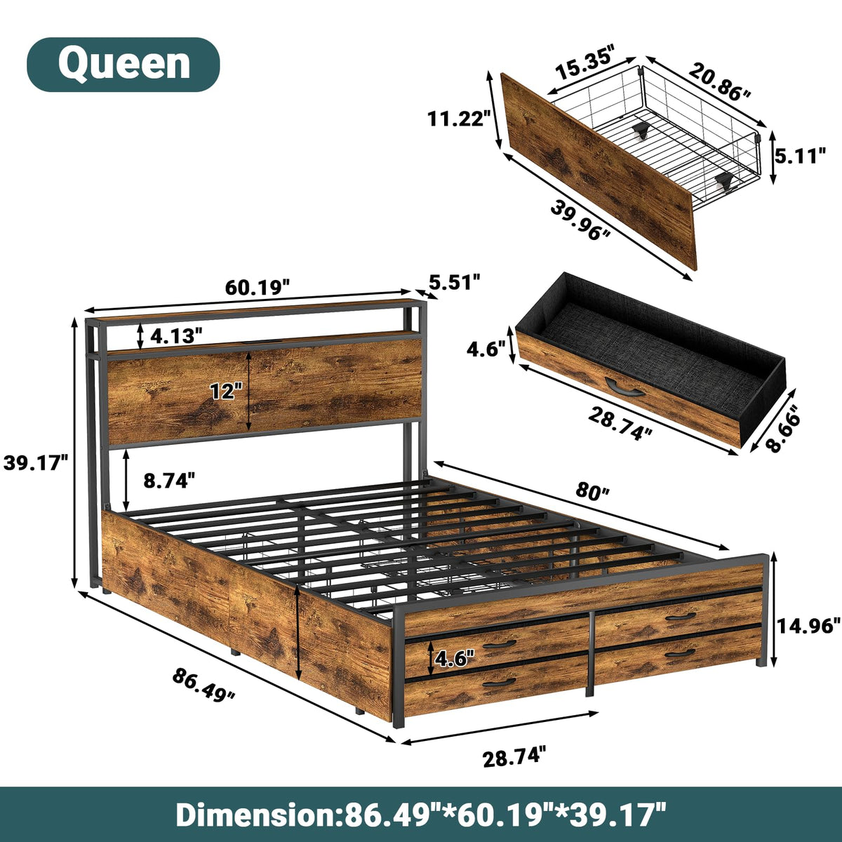 Queen Size Bed Frame with Headboard & 8 Storage Drawers V26299