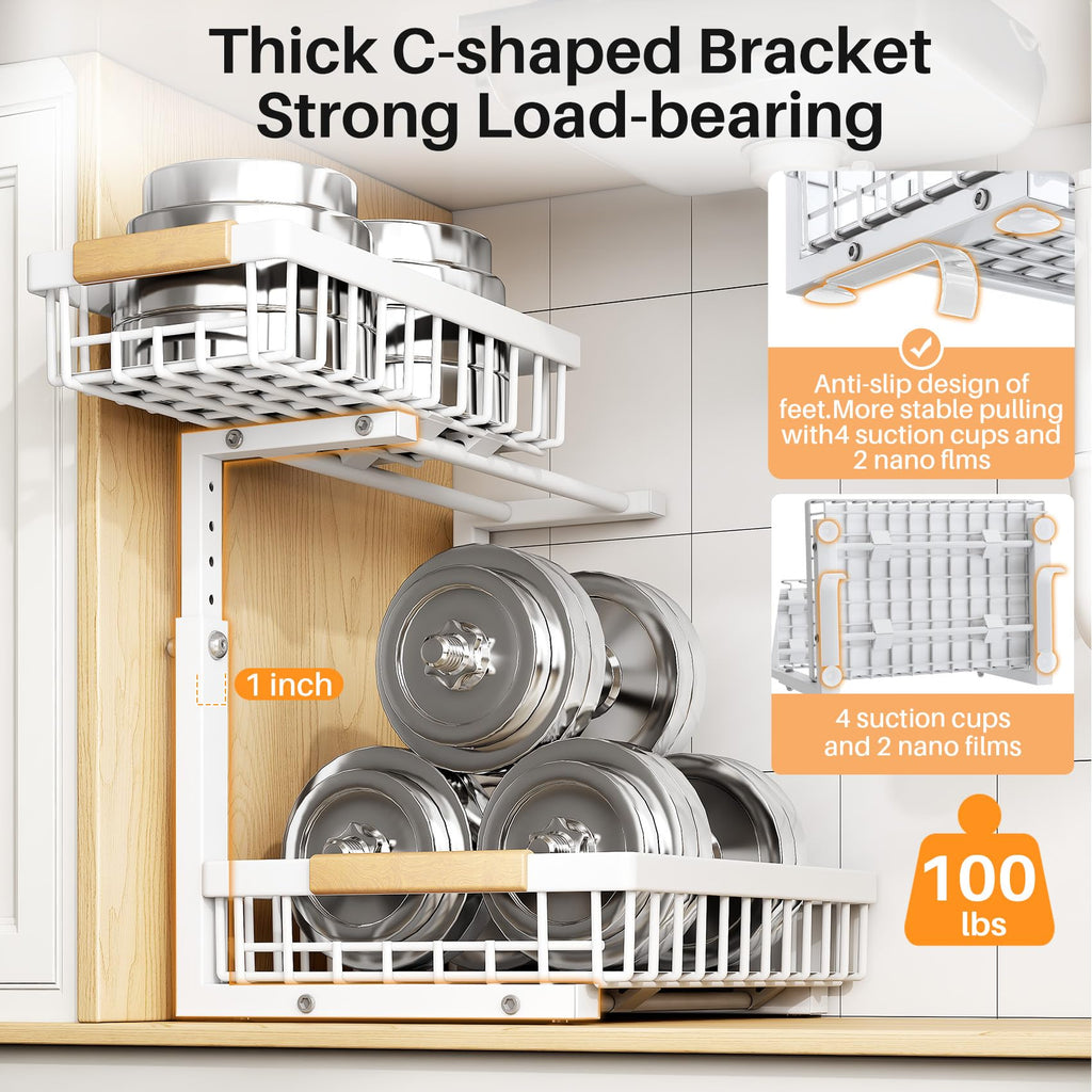 Adjustable 2 Tier Pull Out Under Sink Organizer, White, 2 Pack Q2276