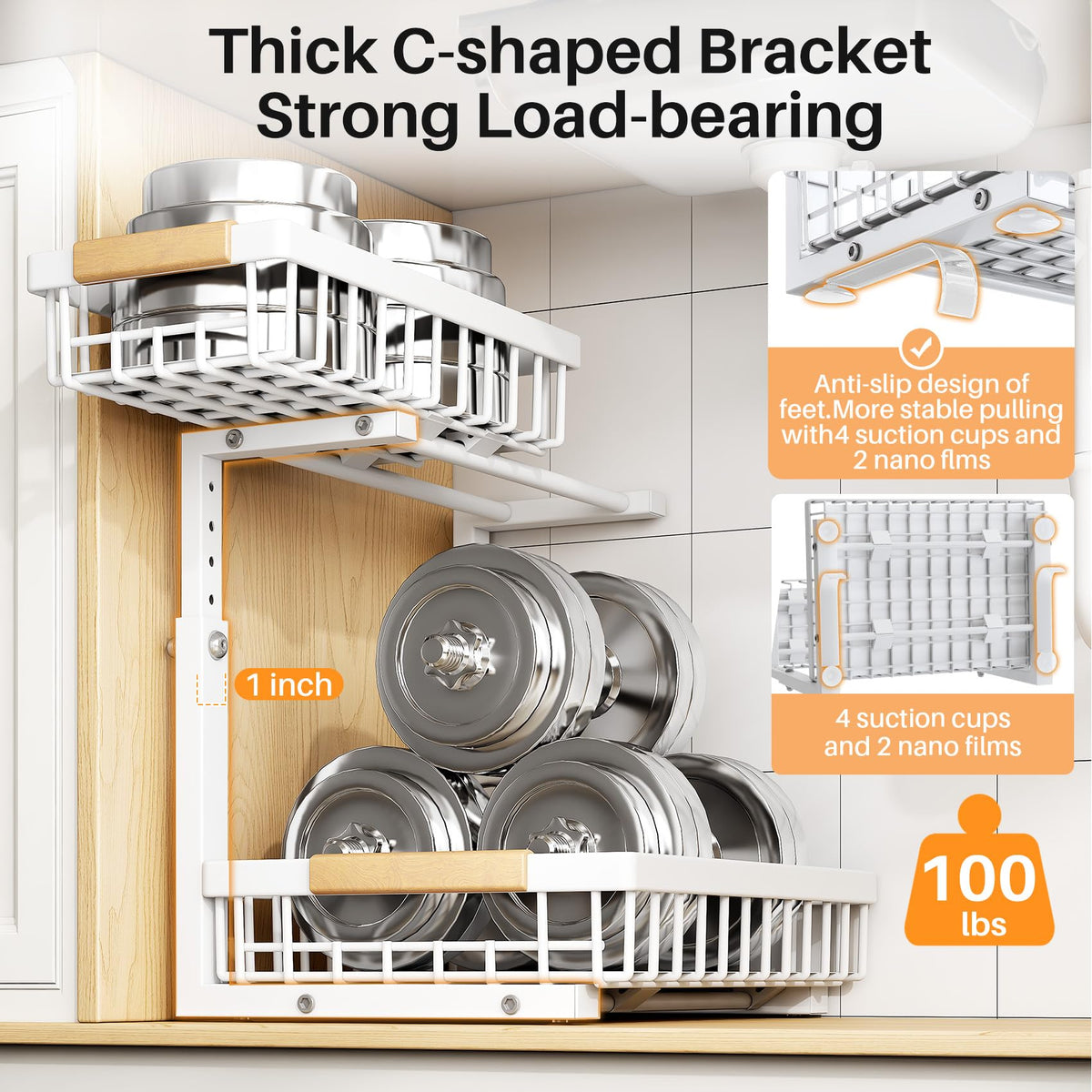 Adjustable 2 Tier Pull Out Under Sink Organizer, White, 2 Pack Q2276