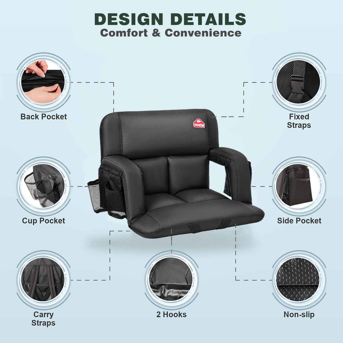 4.7" Thick Cushion 6 Reclining Positions Stadium Seat with Back Support G8430