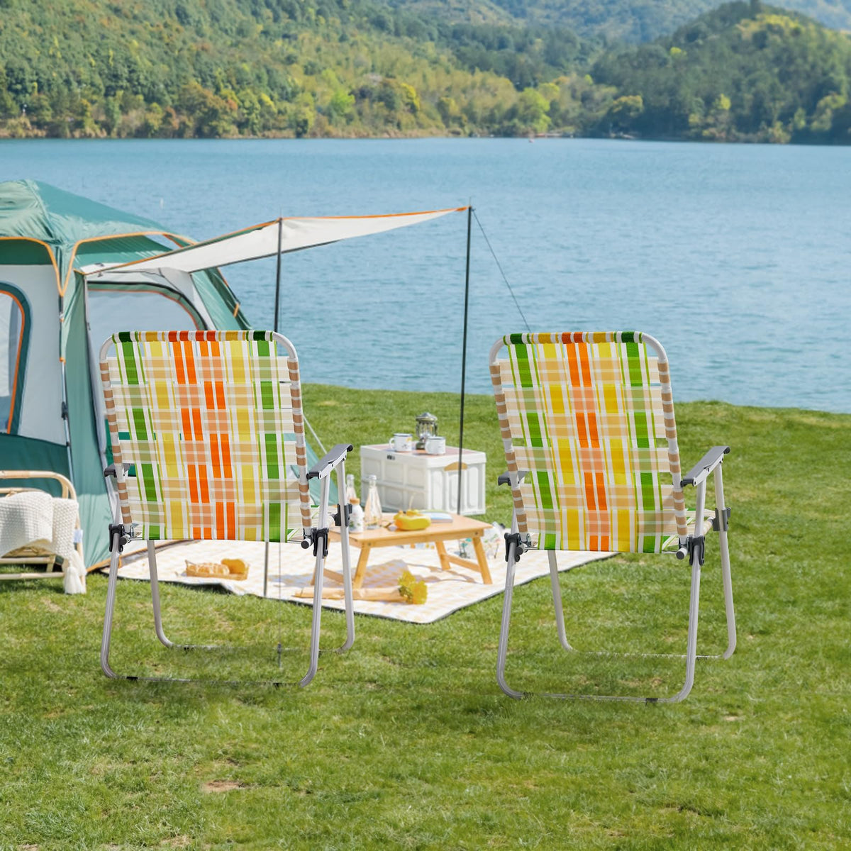 Set of 2 Webbed Folding Beach Chairs Yellow & Green G393