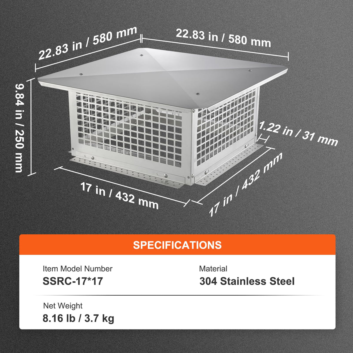 17x17 inch 304 Stainless Steel Chimney Cap Y61116