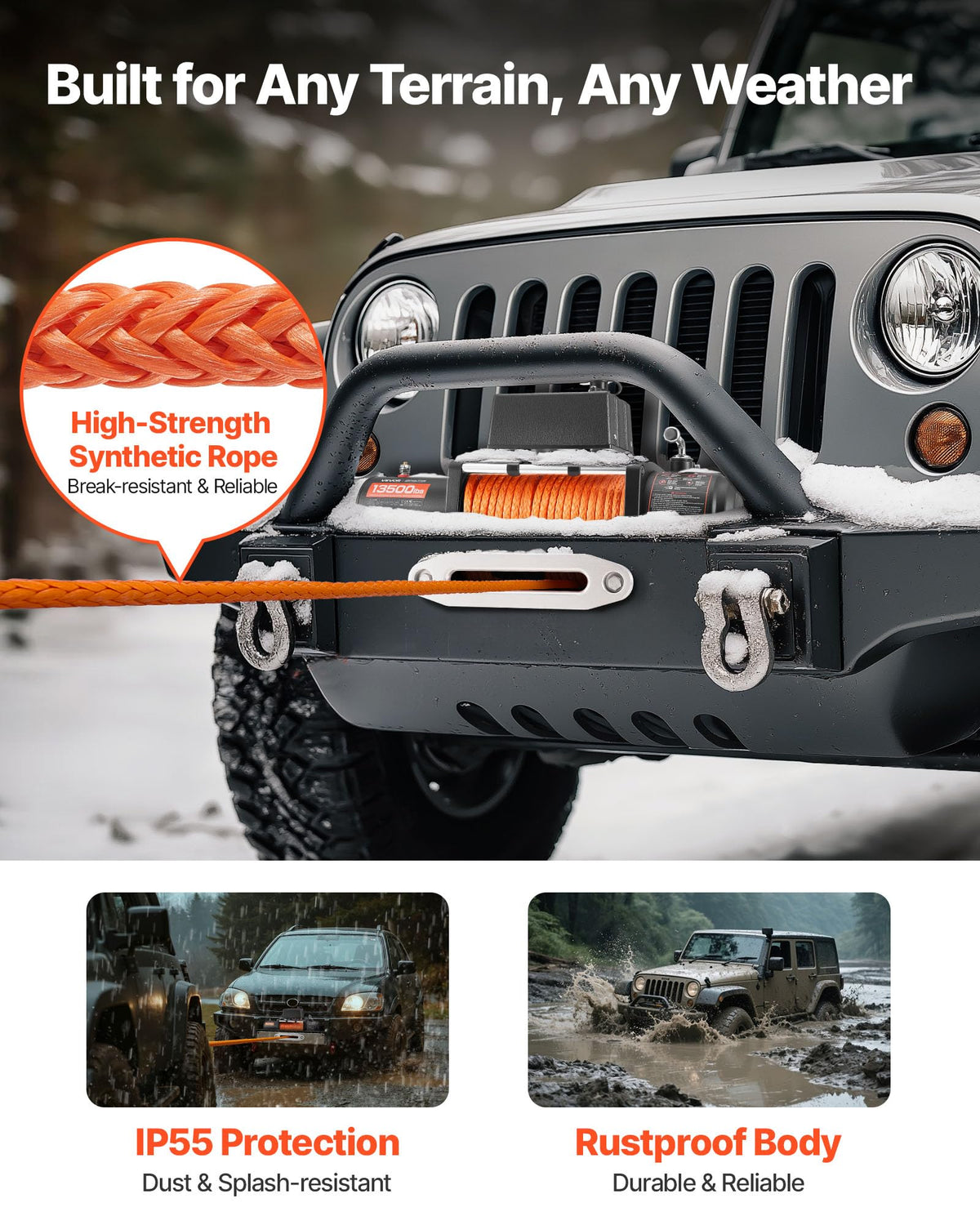 13,500 lb 12V DC Electric Truck Winch with Synthetic Rope U630440