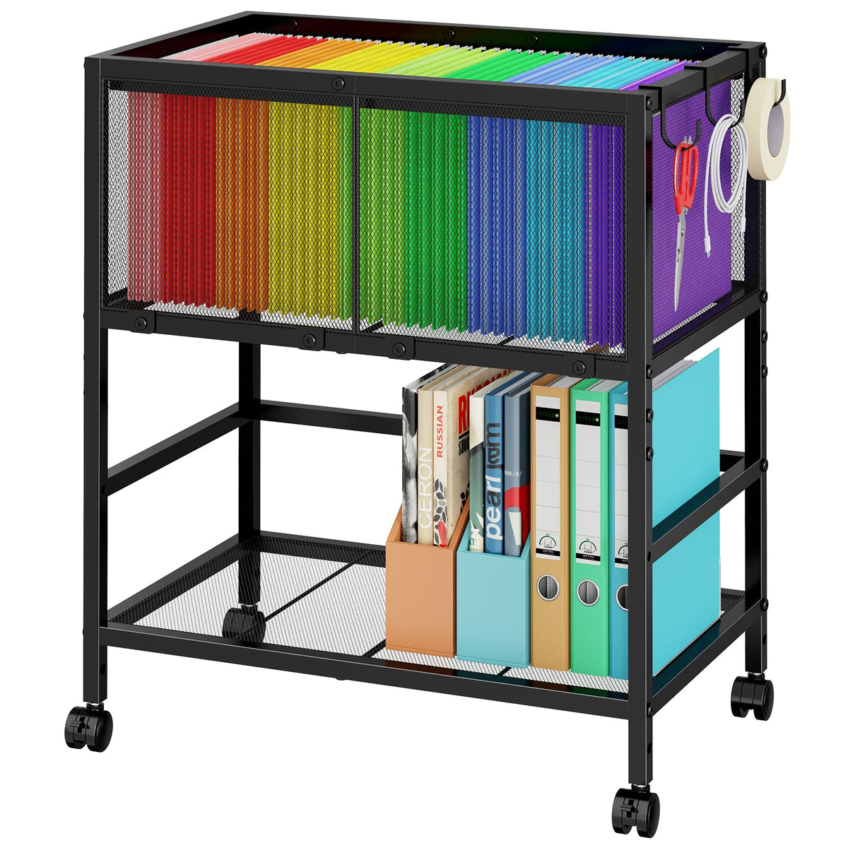 Black 2-Tier Rolling Metal File Cart with Storage Shelf H992343