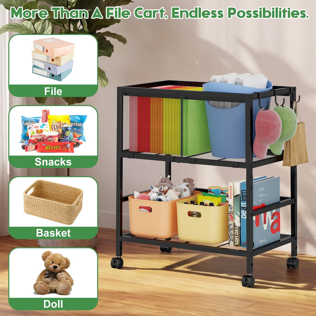 Black 2-Tier Rolling Metal File Cart with Storage Shelf H992343