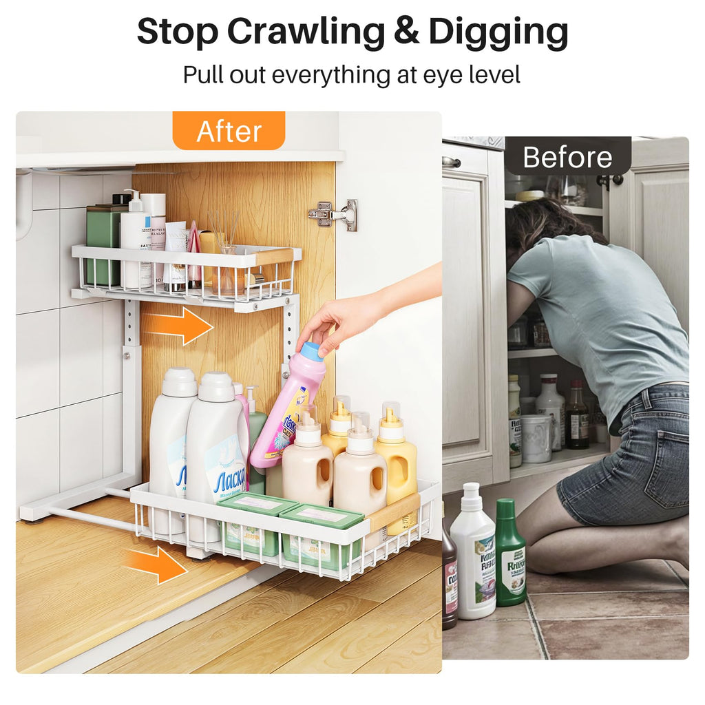 Adjustable 2 Tier Pull Out Under Sink Organizer, White, 2 Pack Q2276