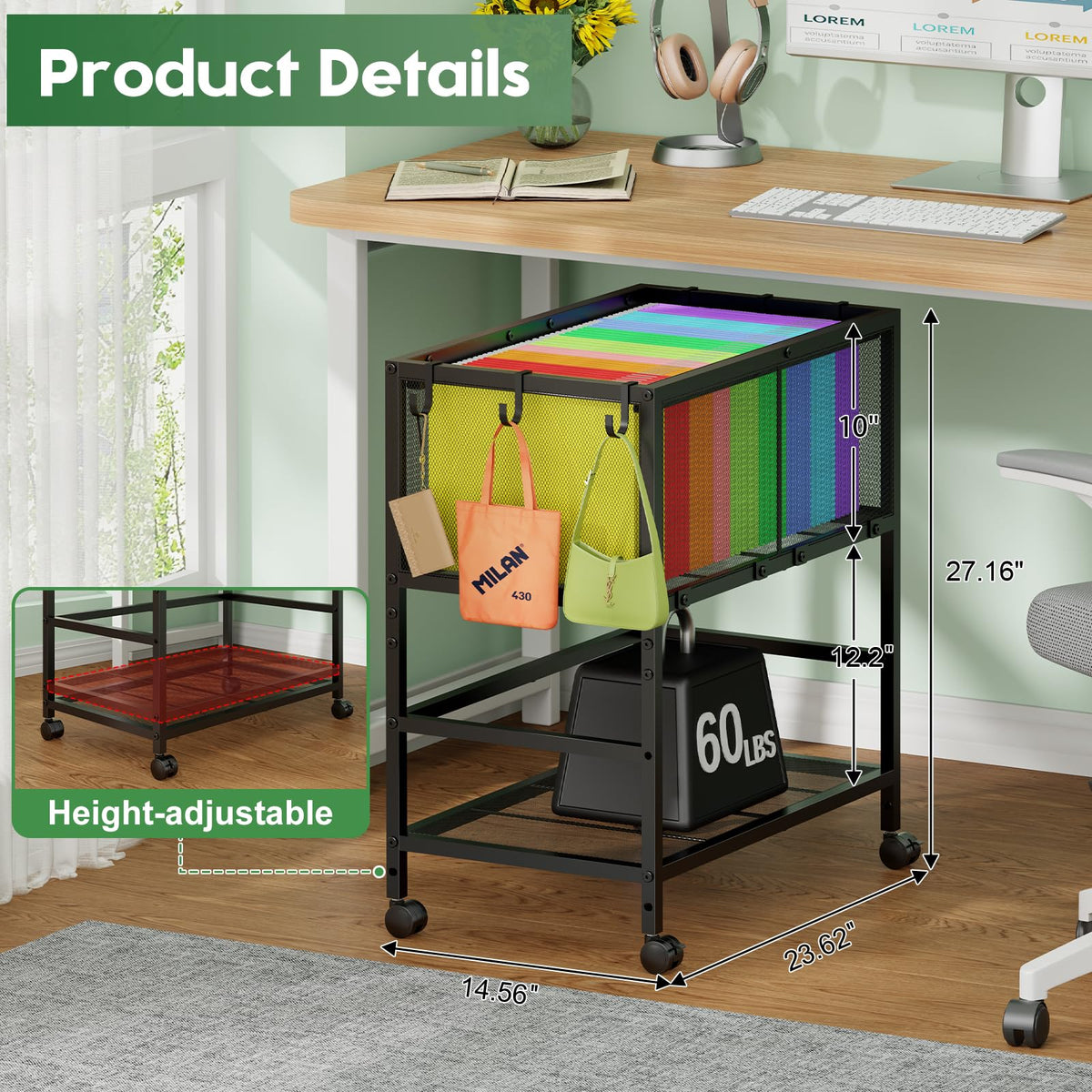Black 2-Tier Rolling Metal File Cart with Storage Shelf H992343