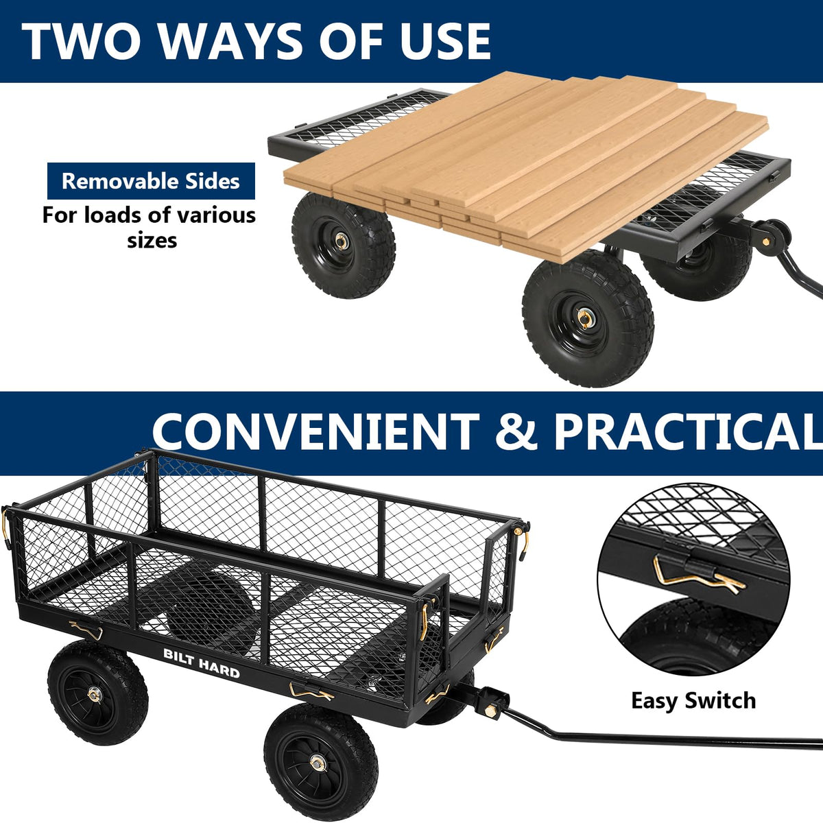 10" Steel Garden Cart with Rotating Handle and Removable Sides, 4 Cu.Ft, Black F398