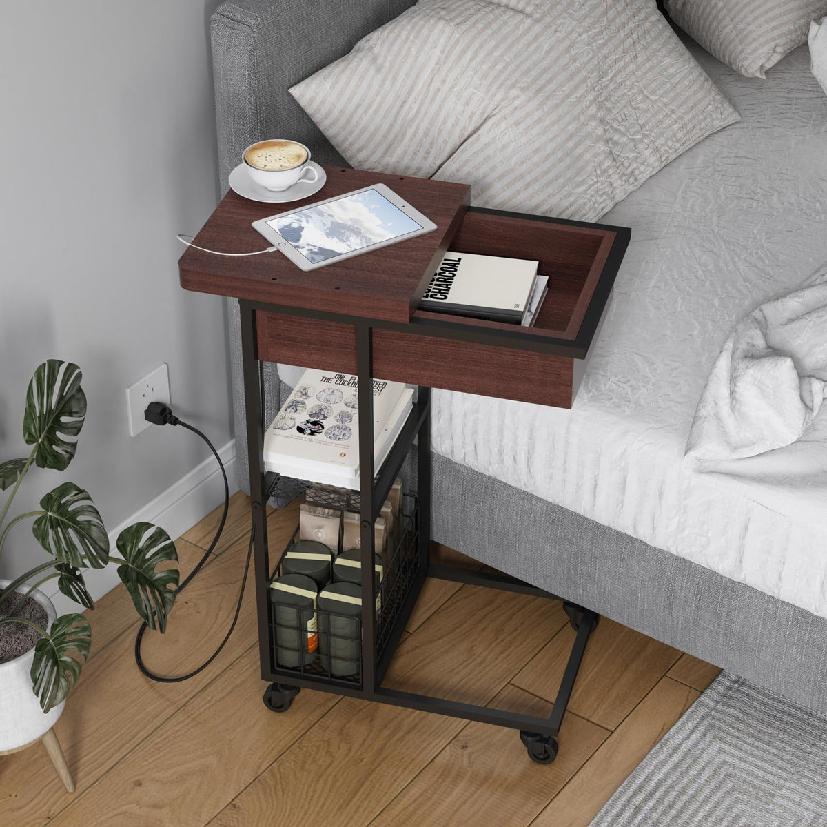 C Shaped End Table with Charging Station V4556
