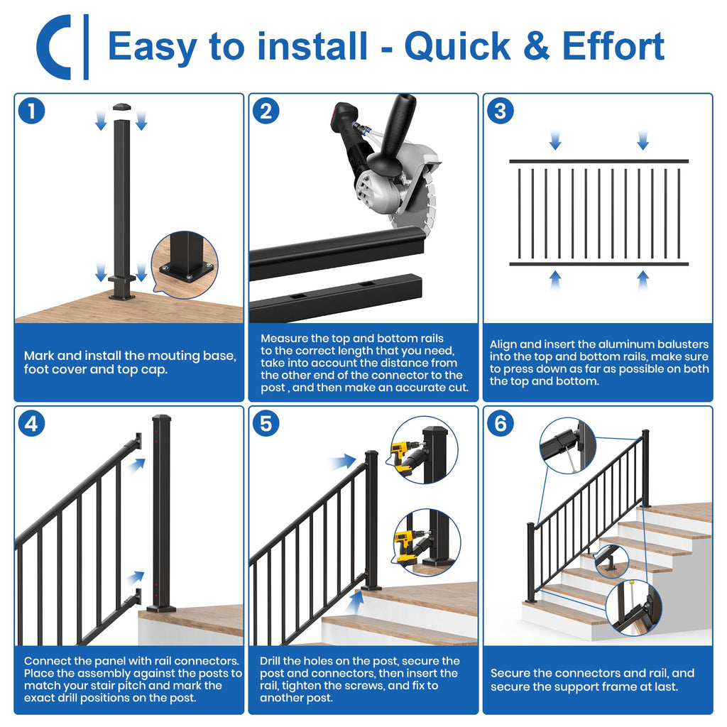 1 Pack 36 in. H x 6 ft. W Aluminum Stair Railing Kit with Post J609