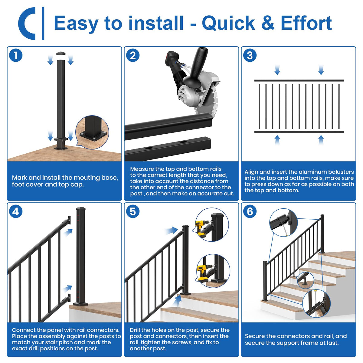 1 Pack 36 in. H x 6 ft. W Aluminum Stair Railing Kit with Post J609
