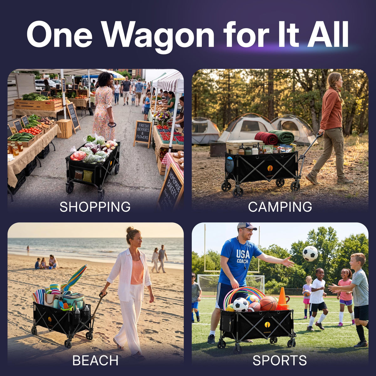 39" Collapsible Wagon with All-Terrain Wheels, 460 lbs Foldable Cart, Black H7899