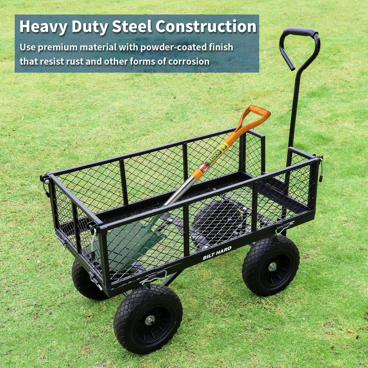 10" Steel Garden Cart with Rotating Handle and Removable Sides, 4 Cu.Ft, Black F398
