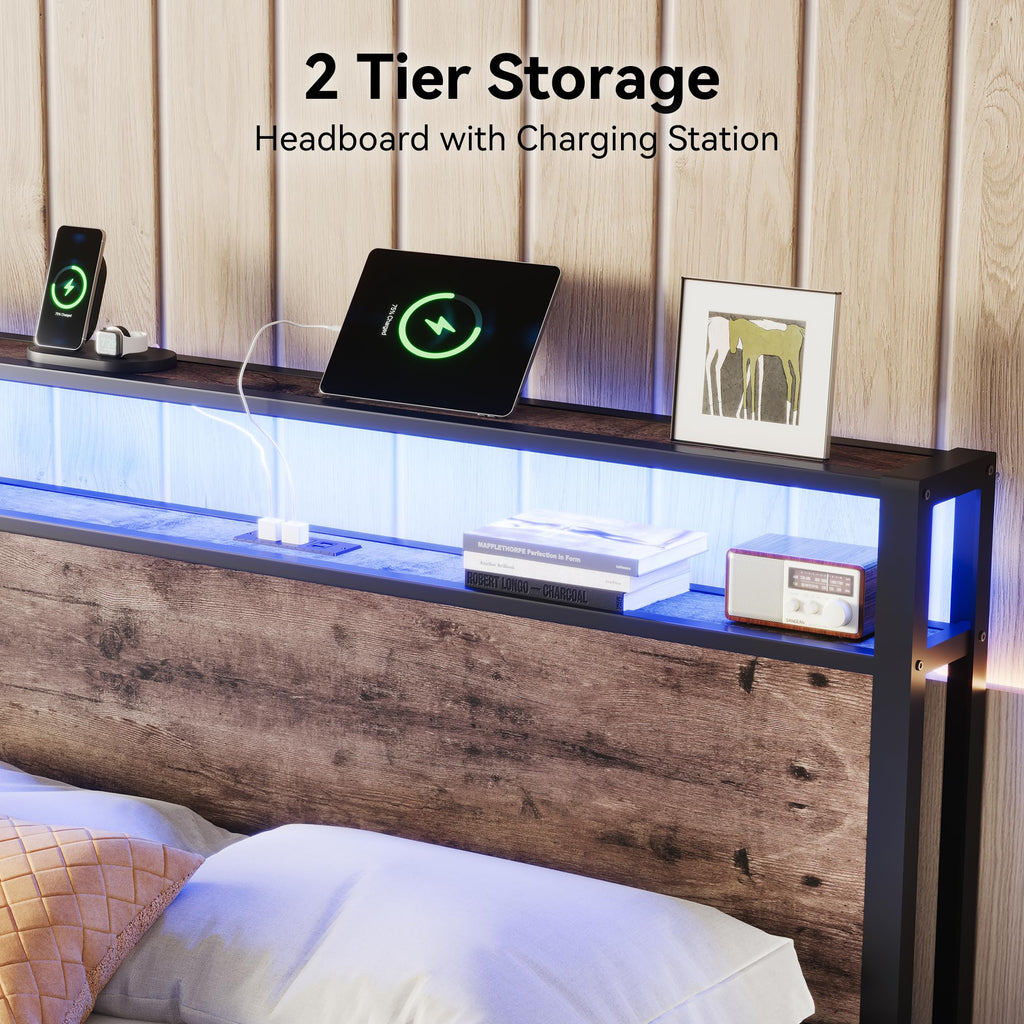 Full Size Metal Bed Frame with Storage Headboard and LED Lights K8912