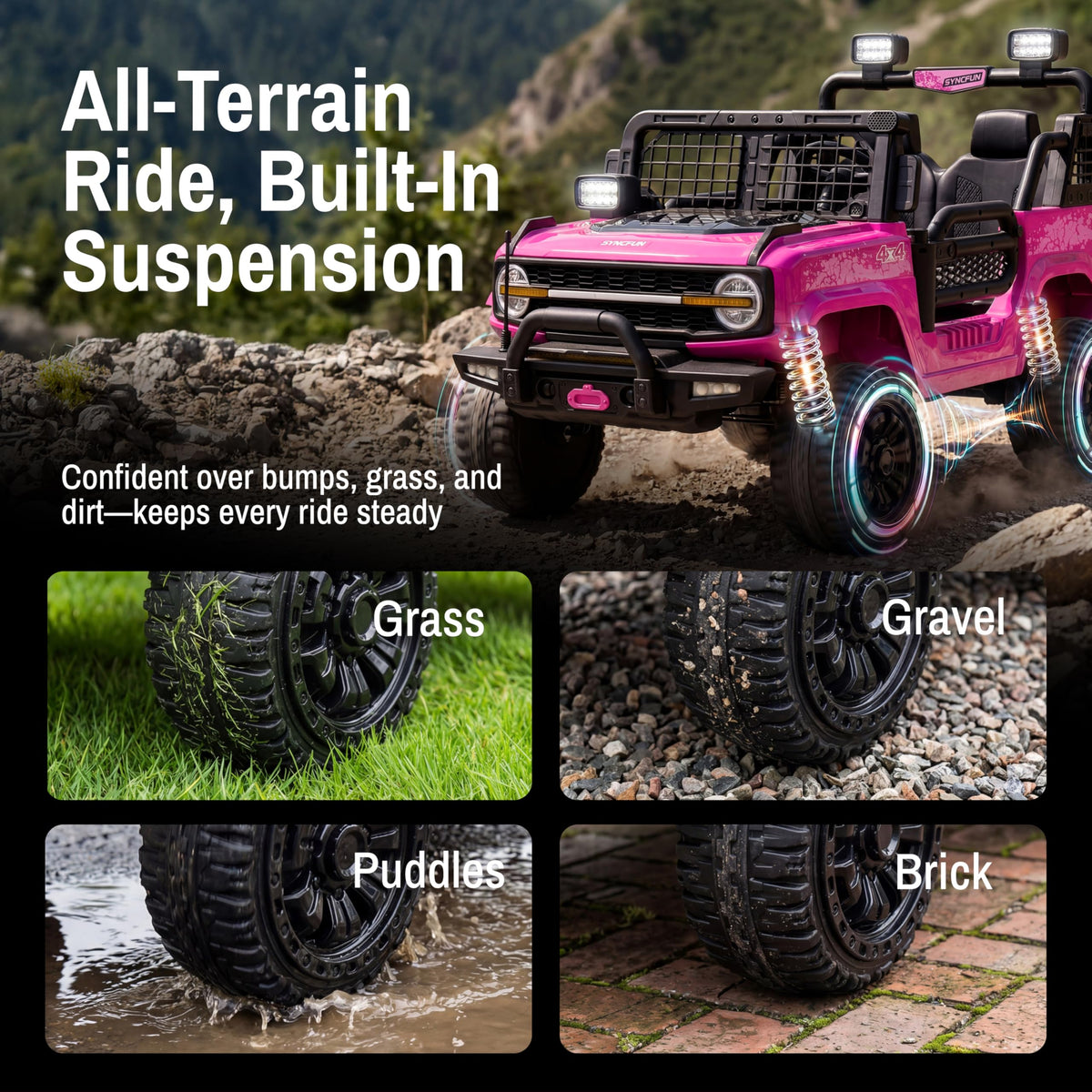 24V 2 Seater Ride On Car with Remote Control, 3 Speed Settings, All-Terrain Tires, LED Lights & Bluetooth Music, Up to 132 lbs, Pink K947